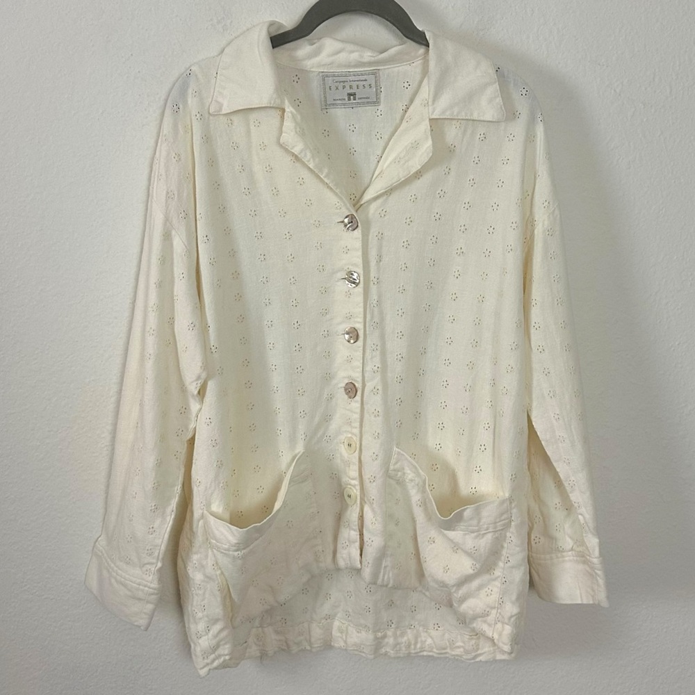 Vintage 80s Express Ethereal Cottage Linen Eyelet Blazer Oversized Small Ivory
